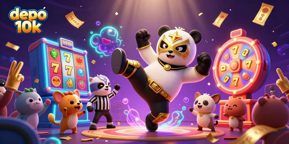 Experience the excitement of depo 10k slot games with a dynamic scene featuring a golden lucha libre panda kicking, vibrant slots, and lively animal spectators.