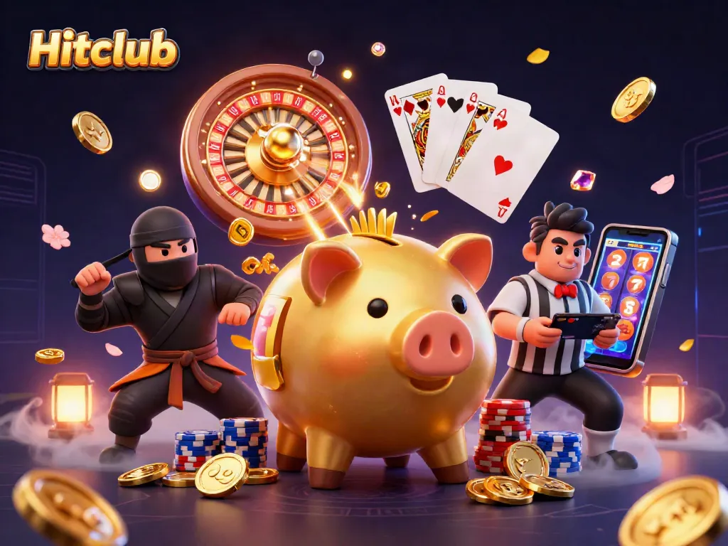Hitclub showcases a dynamic casino scene with a sumo wrestler piggy bank, a wallet-ninja, and a samurai referee amidst cascading golden coins.