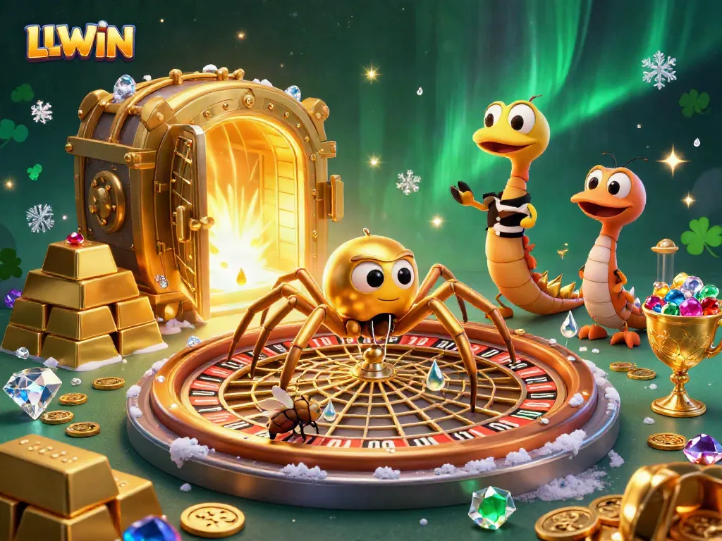 Experience the thrill of LLWIN with a cartoon spider spinning a roulette wheel web in a vibrant casino scene.
