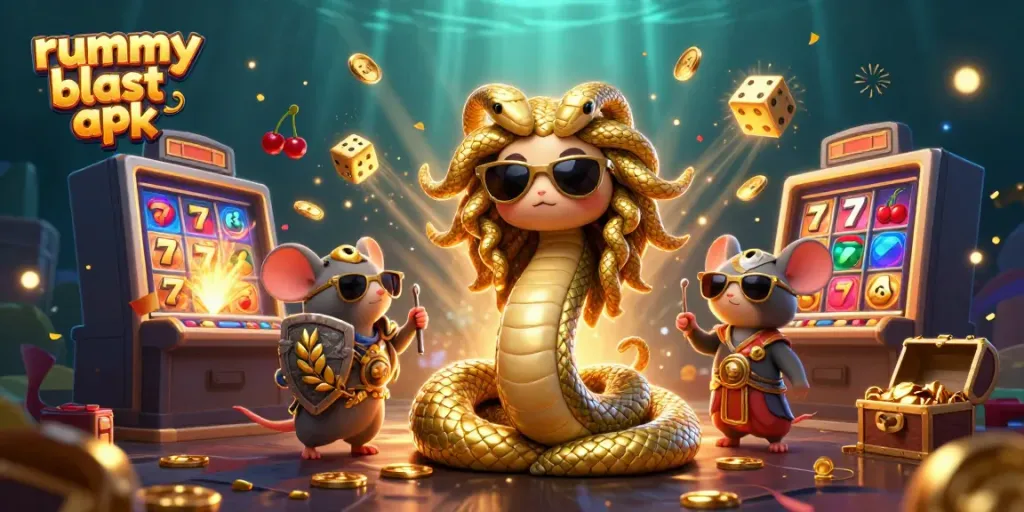 Engage with Rummy Blast APK in an exciting casino-themed digital illustration featuring fun characters and vibrant elements.