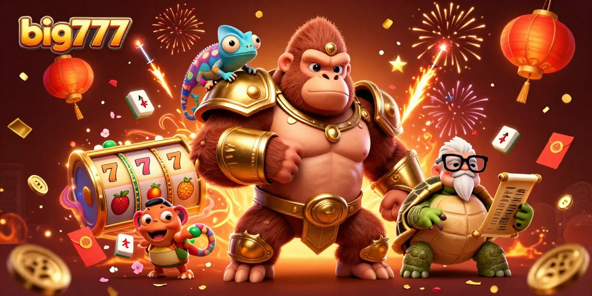 Experience big777 jackpots with a vibrant 3D scene featuring a gorilla king, chameleon spy, and tortoise elder.