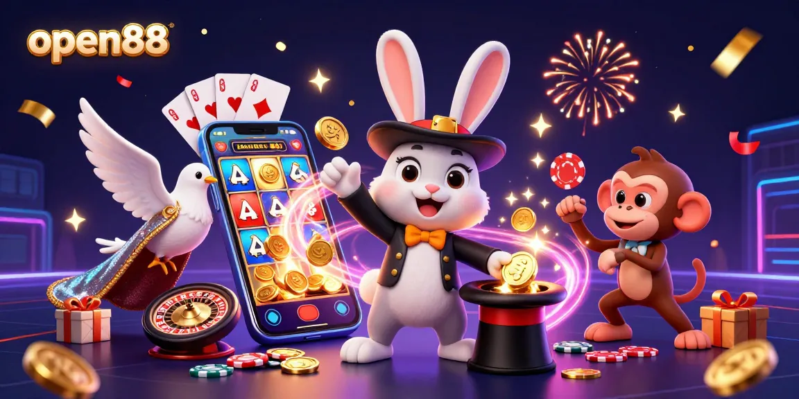 Experience the magical world of open88 with a rabbit, dove, and monkey amidst stunning casino elements and vibrant action.