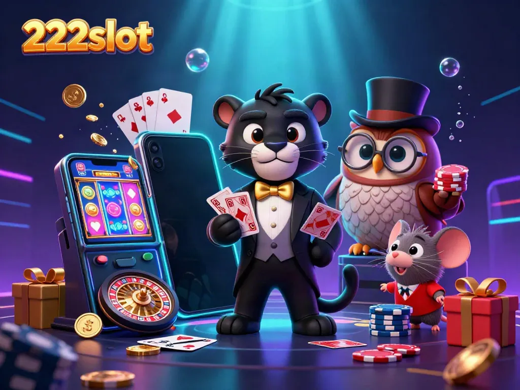 Permainan slot 222slot menggabungkan panther, burung hantu, dan tikus beruntung dalam ilustrasi kasino menarik.