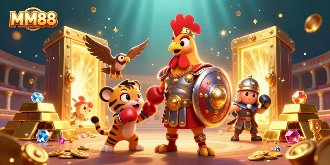 Engage in thrilling MM88 action with a gladiator rooster and wealth in a vibrant colosseum scene.