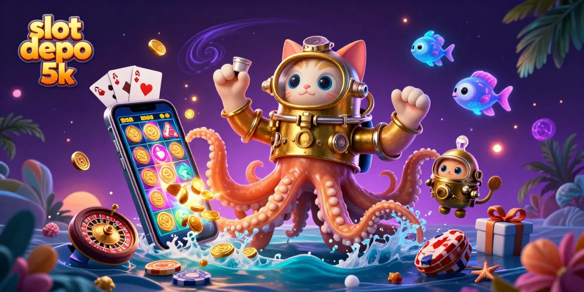 Engage with slot depo 5k through an exciting ocean-themed gaming illustration showcasing dynamic characters and elements.