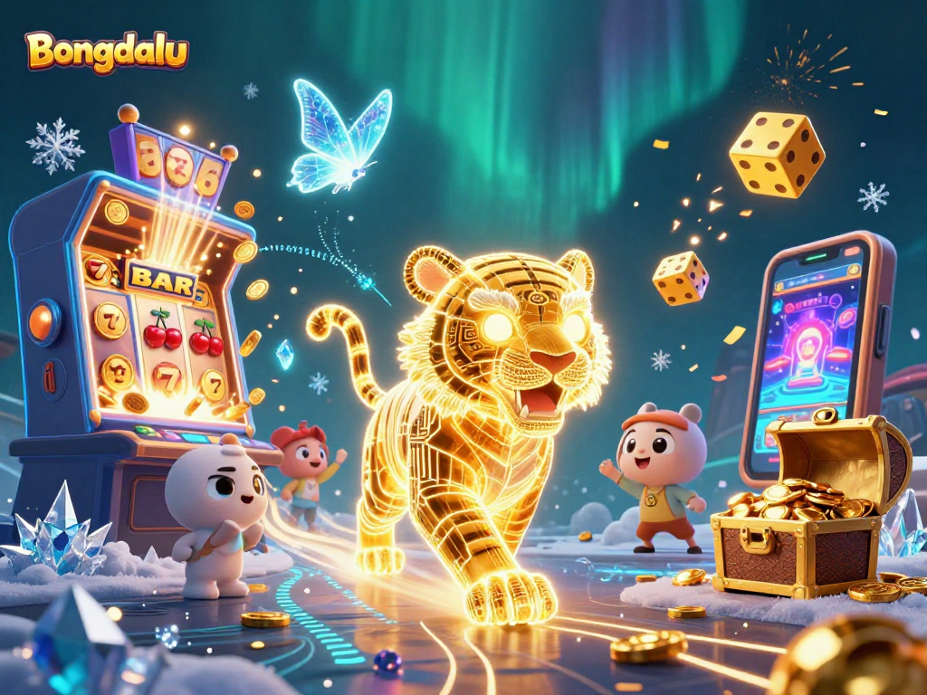 Bongdalu showcases a vibrant digital casino scene with a neon tiger and jackpot excitement.