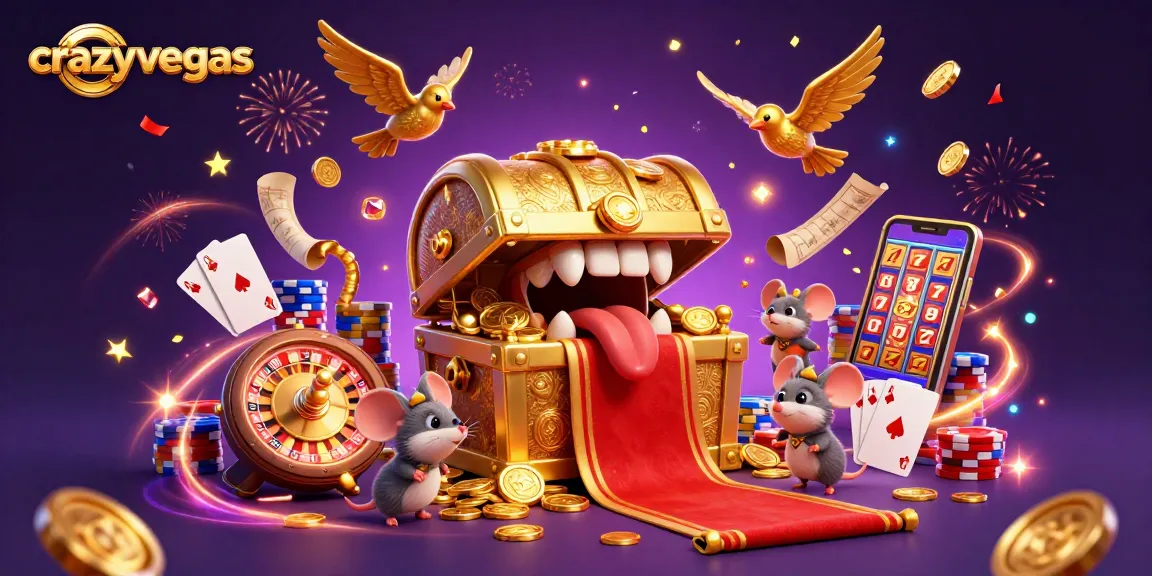 Experience the thrill of crazyvegas with a treasure chest and dazzling casino elements in a vibrant, magical scene.