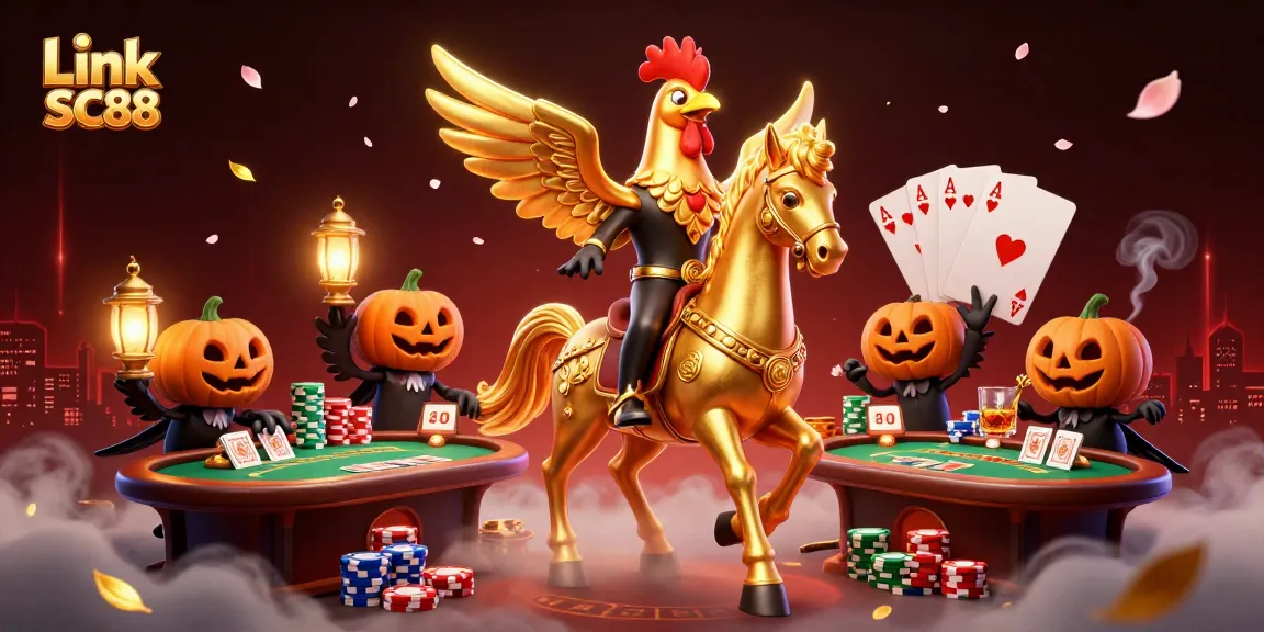 Engage with thrilling moments at Link SC88's dynamic casino, featuring a golden rooster and friends playing poker.