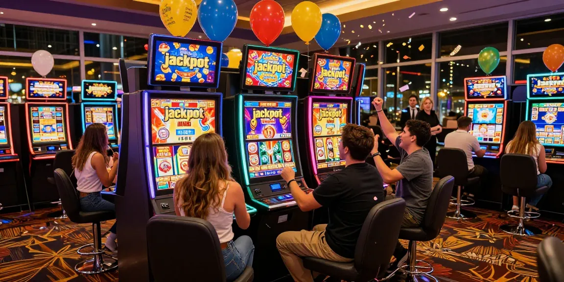 Pemain slot merayakan kemenangan besar di mesin slot gacor gampang menang dalam suasana kasino yang hidup.