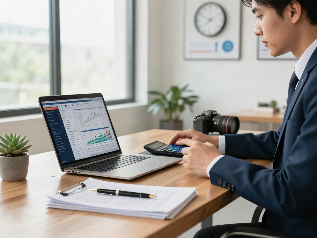 Financial advisor reviewing options to deposit 10k in investment strategies, professional workspace with financial documents and a laptop.