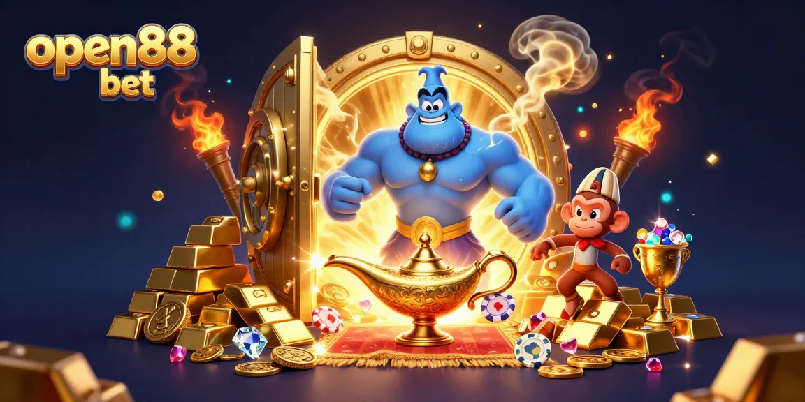 Experience the excitement of open88 bet with a vibrant scene showcasing casino treasures and characters.
