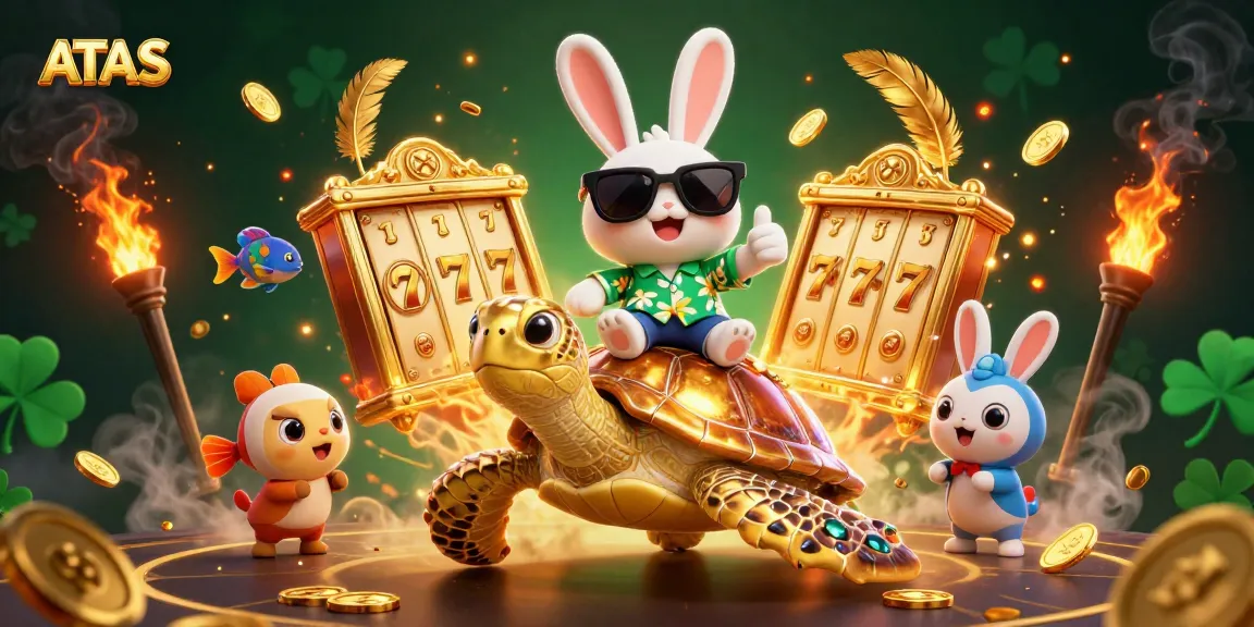 Engage with ATAS in this vibrant casino scene featuring a lucky rabbit and sea turtle amidst dynamic slot elements.