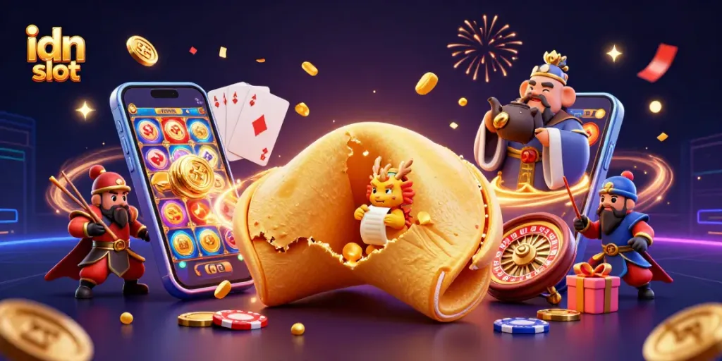Spin the idn slot for a chance at riches surrounded by fortune-themed 3D characters and casino elements.