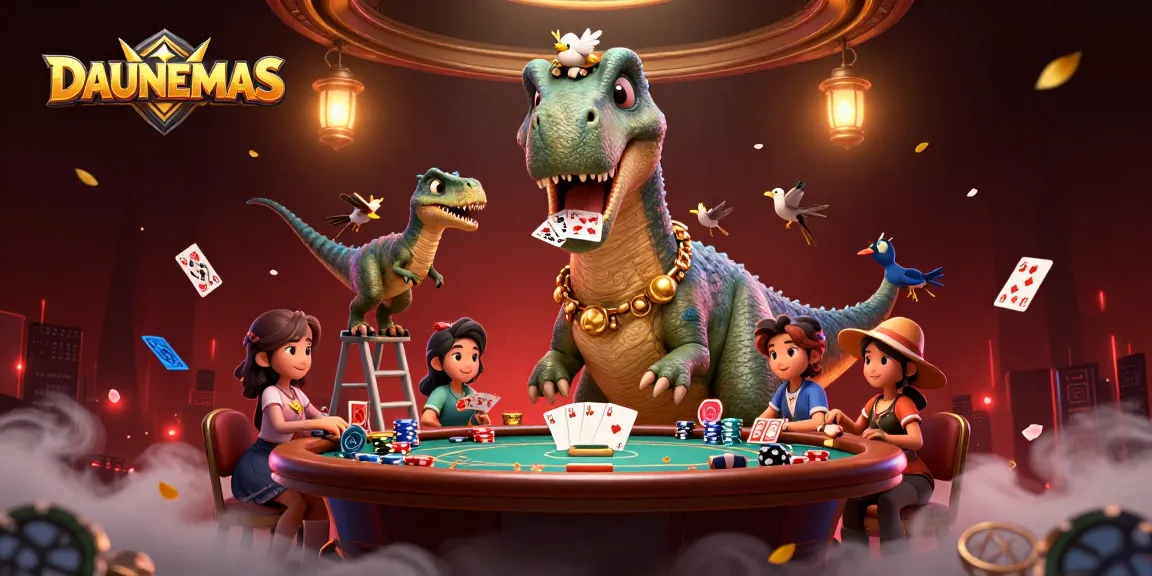 Players strategize at DAUNEMAS poker tables featuring cartoon dinosaurs in action.