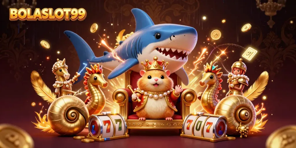 Experience exhilarating gameplay at BOLASLOT99, featuring vibrant 3D heroes in a dynamic casino scene.