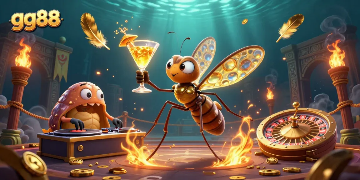 Experience thrilling gambling fun with gg88 as a mosquito mascot and a trilobite DJ in a vibrant casino atmosphere.
