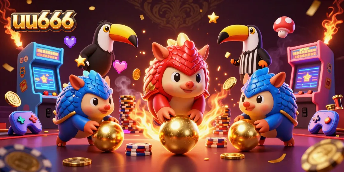 uu666 rival pangolins bowling chips in a vibrant casino scene, showcasing gaming fun