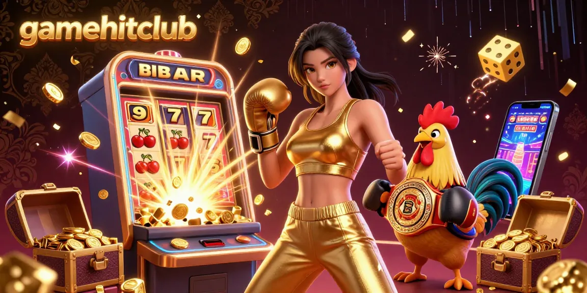 Enhance your gaming with gamehitclub's vibrant casino illustration showcasing dynamic characters and slot machine excitement.