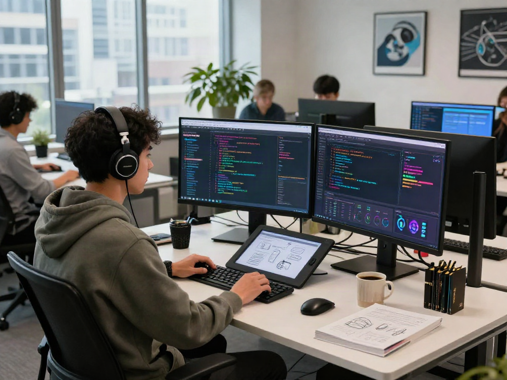 Developer engaged with ALO8APP WIN software in a vibrant office setting with multiple monitors and coding elements.
