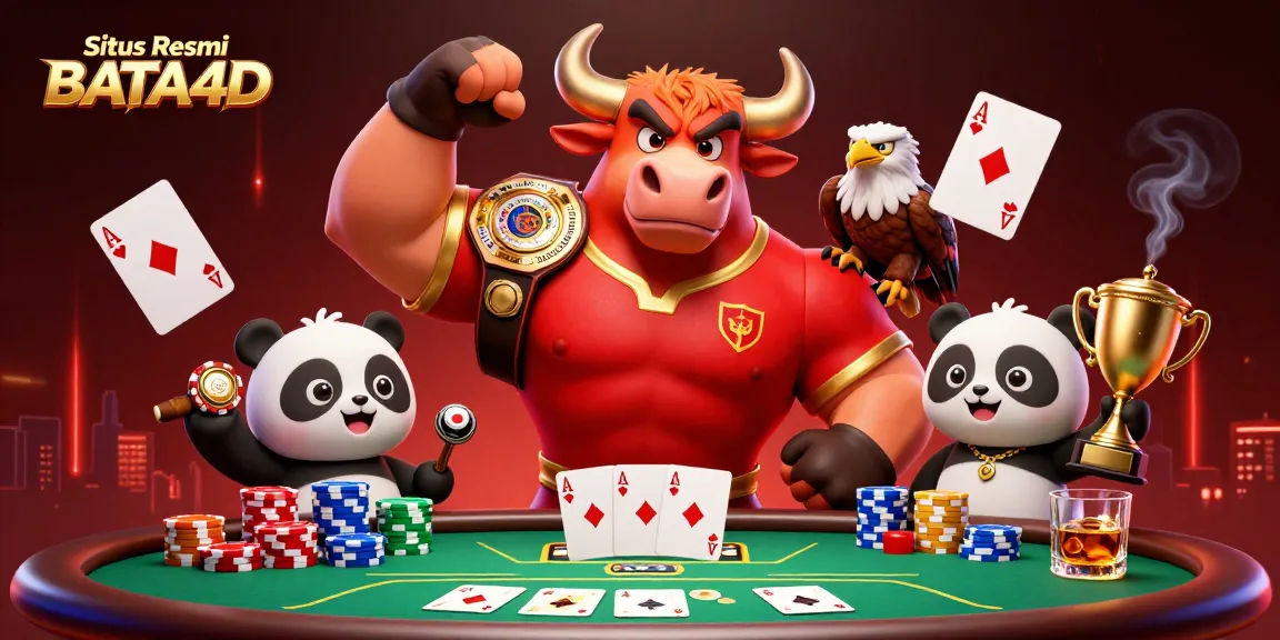 Gambaran menarik di Situs Resmi BATA4D dengan karakter kasino ikonik merayakan kemenangan di meja poker.