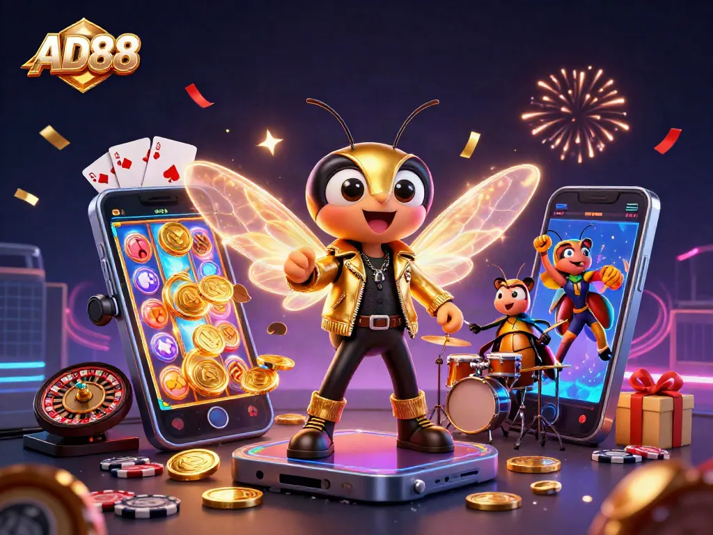Play thrilling slot games with AD88 featuring a cicada rock star and vibrant 3D casino elements.