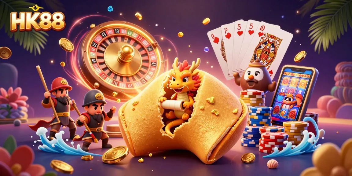 Experience thrilling wins at HK88 with a vibrant 3D casino scene bursting with golden treasures and gaming elements.