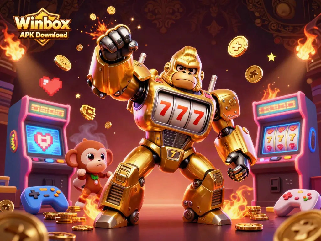 Engaging scene showcasing Winbox APK Download with a golden gorilla mech surrounded by vibrant gaming elements.