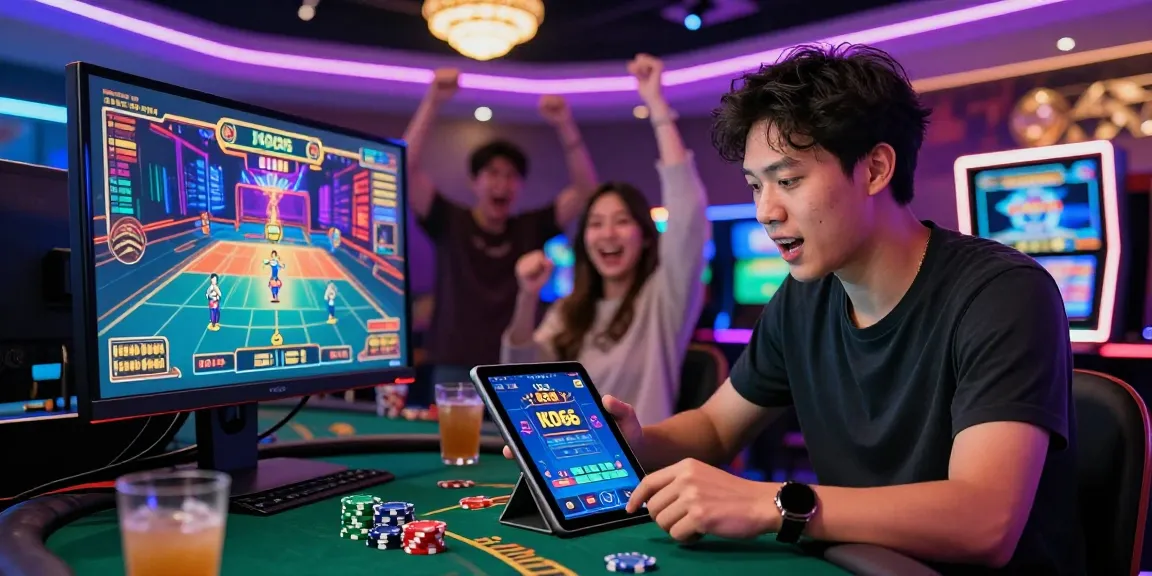 Exciting player using KO66 app in vibrant casino setting.