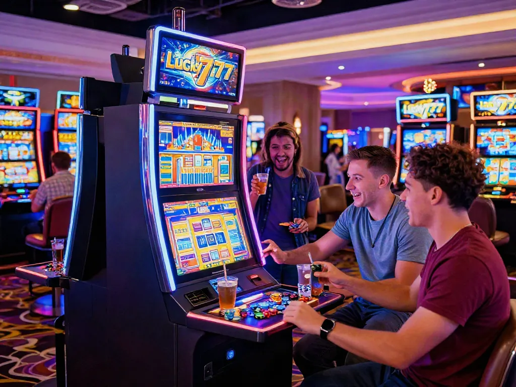 Friends celebrating around the Lucky777 slot machine in a lively casino.