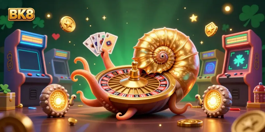 Experience the excitement of BK8 with glowing nautilus and vibrant casino games.