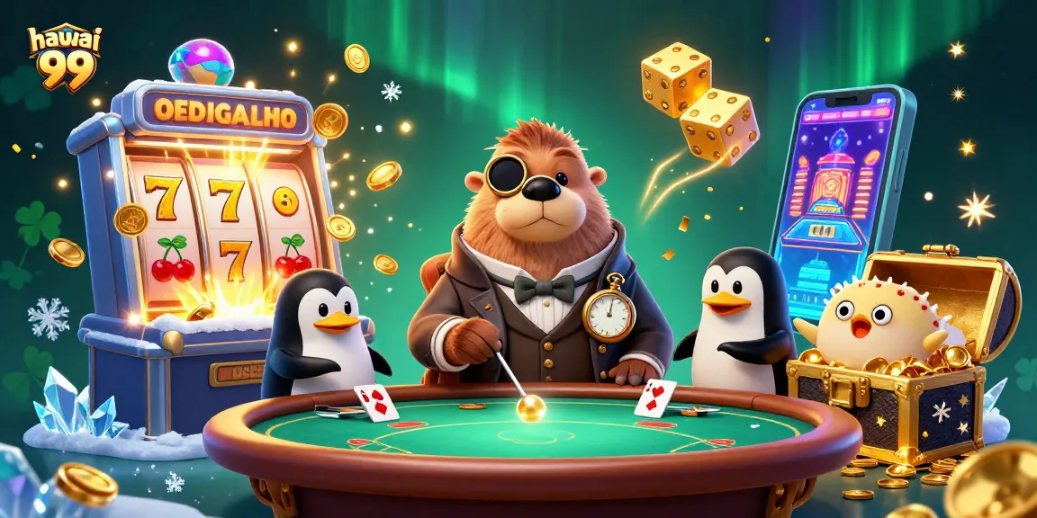 Engage in thrilling underwater poker action with hawai 99 featuring a walrus, penguin dealer, and pufferfish player.