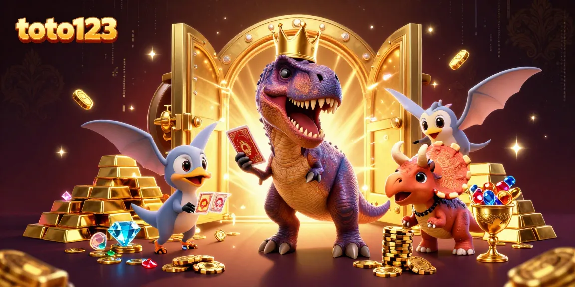 Experience thrilling gameplay with toto123 as a T-Rex shuffles cards and wins in a vibrant casino.