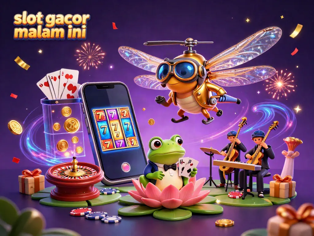 Visualisasi slot gacor malam ini dengan karakter lucu di kasino, menunjukkan petualangan seru bermain slot.