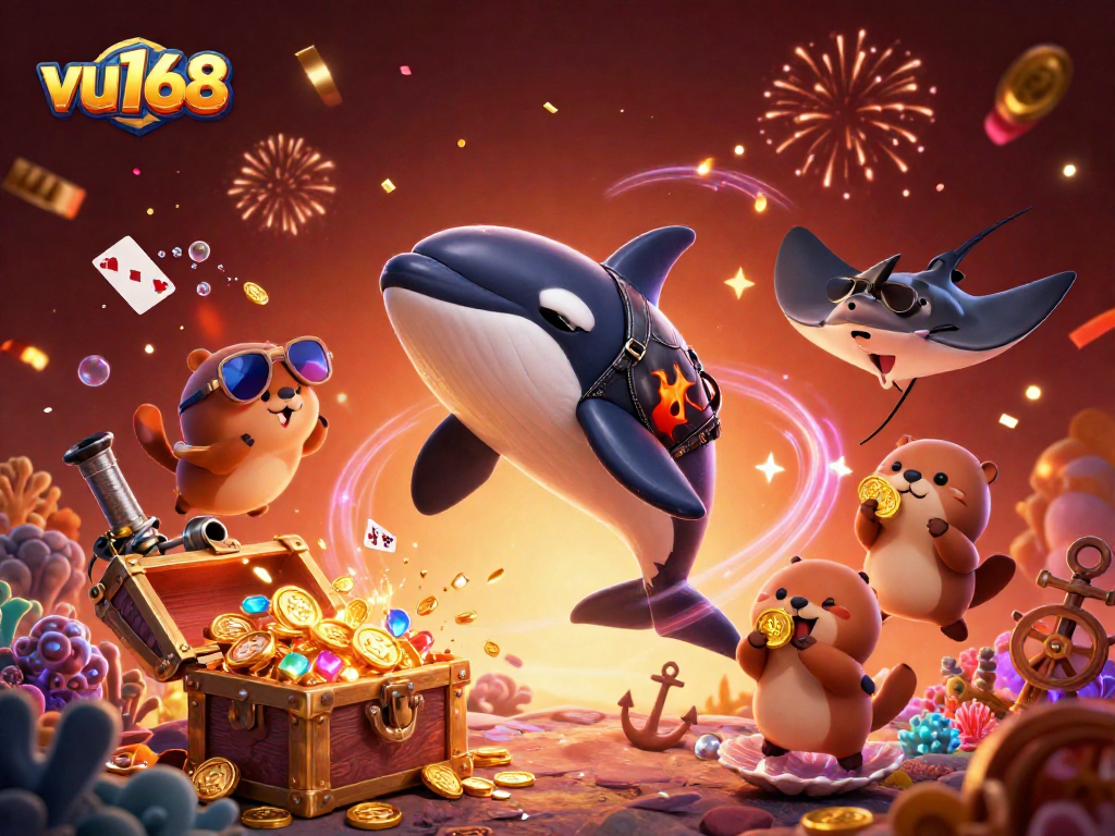 Engage with thrilling casino action at vu168, featuring vibrant underwater characters celebrating with gold coins.