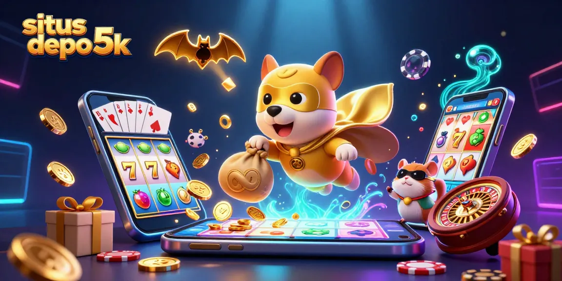 Engage with situs depo 5k showcasing a superhero dog flying amidst slot game elements and poker symbols.