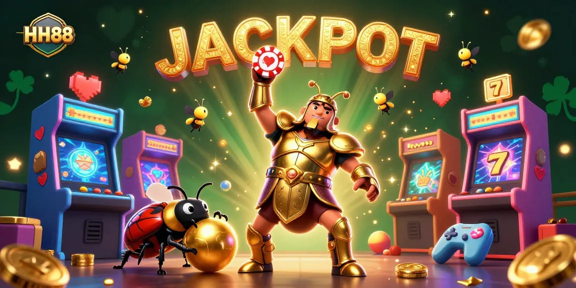 Experience the thrill of HH88 with a victorious beetle character amid dazzling casino-themed elements.