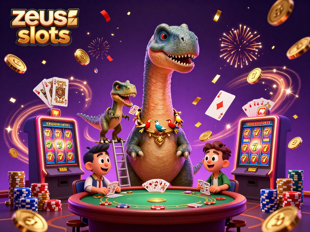 Experience zeus slots with a 3D brontosaurus and raptor amidst winning elements.