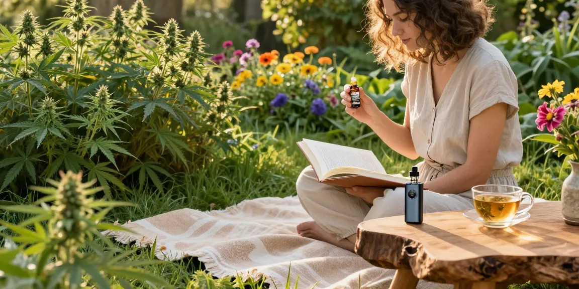 The legal age to vape in Cyprus is strictly 18, highlighted in this scene showcasing a woman enjoying her wellness routine with CBD oil and a vape device among fresh hemp plants.