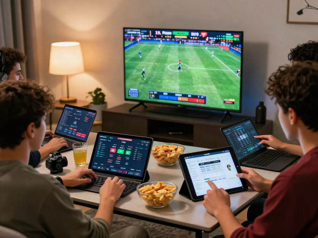 Friends engaging in the Playin exchange platform while betting on live sports in a cozy environment.