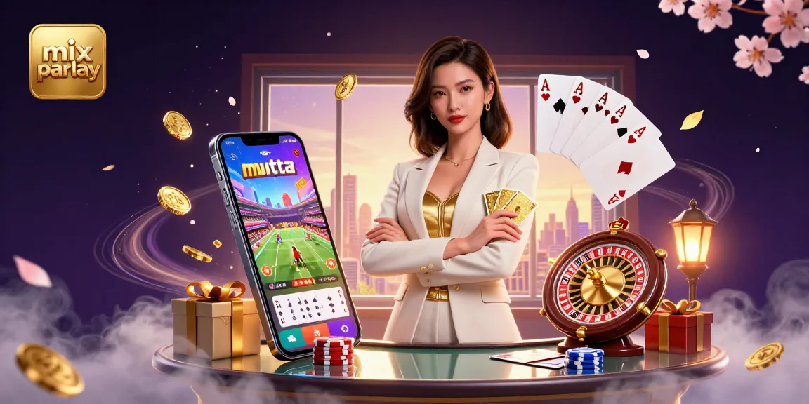 Engage in mix parlay betting with a glamorous Asian woman holding cards, surrounded by dynamic gaming elements.