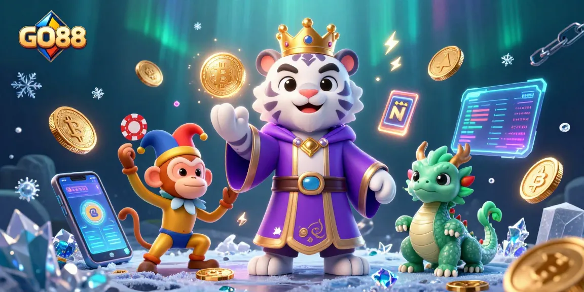 Engage with the GO88 casino's vibrant 3D illustration featuring mystical characters and dynamic gaming elements.