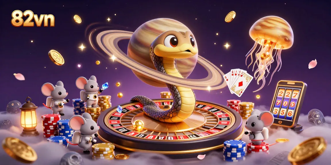 Experience thrilling bets on 82vn as tiny astronauts engage at the roulette wheel, surrounded by sparkling casino elements.
