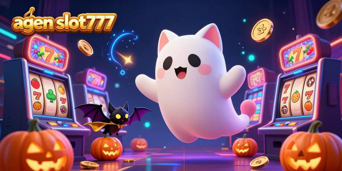 Spin and win with agen slot777 in a vibrant, spooky casino scene full of playful characters.