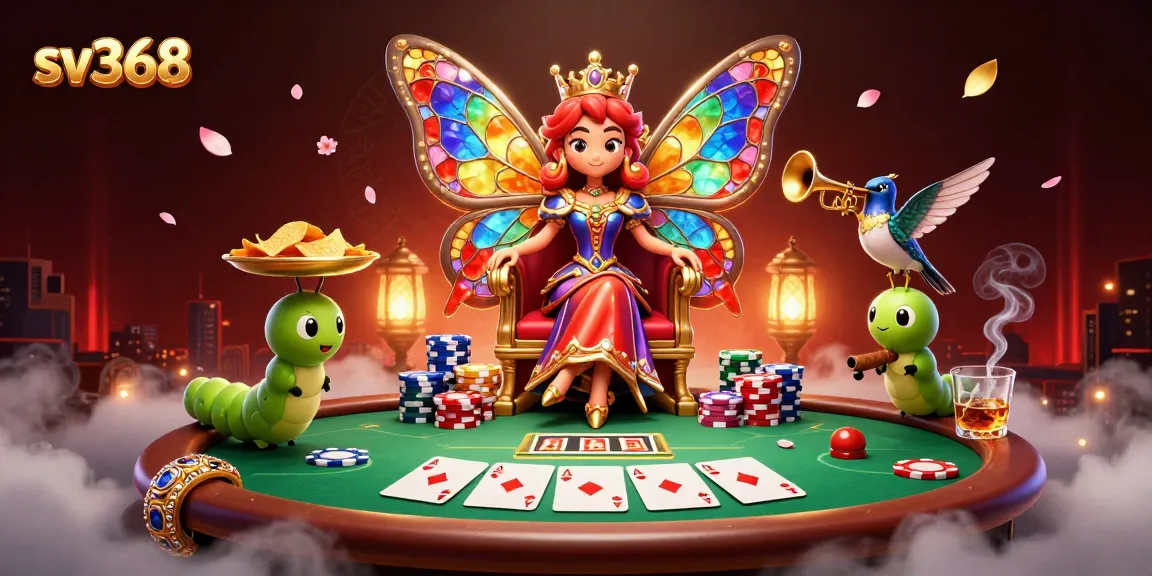 sv368 engages players in an enchanting casino scene featuring a butterfly queen and vibrant poker elements.