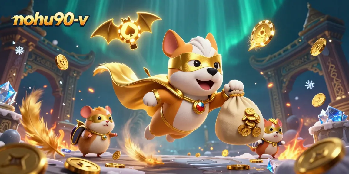 Experience exciting wins at nohu90-v with a superhero dog and hamster in a vibrant casino scene.