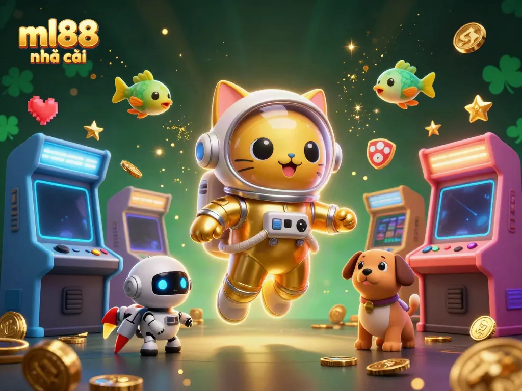 Engage with the vibrant scene of ml88 nhà cái featuring a golden astronaut cat and its robot dog companion in a dynamic casino-inspired universe.