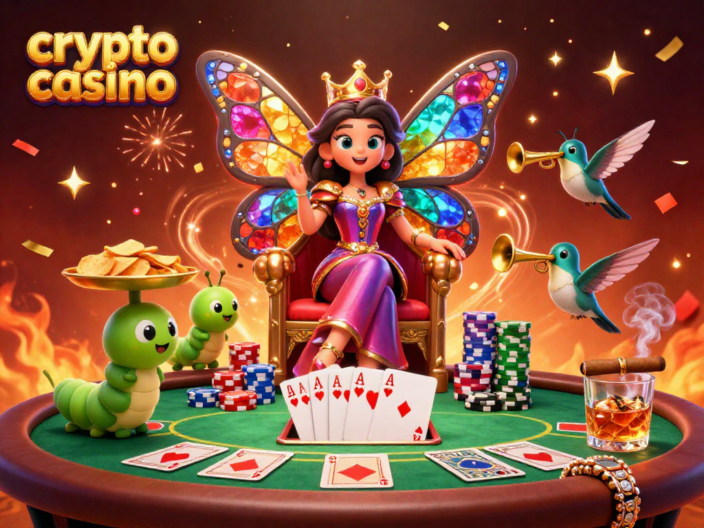Experience the excitement of a crypto casino with vibrant characters and dynamic poker elements illustrated.