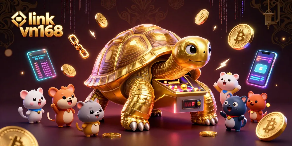 Experience thrilling gaming at link vn168 with a vibrant scene featuring a colossal golden tortoise and cryptocurrency elements.