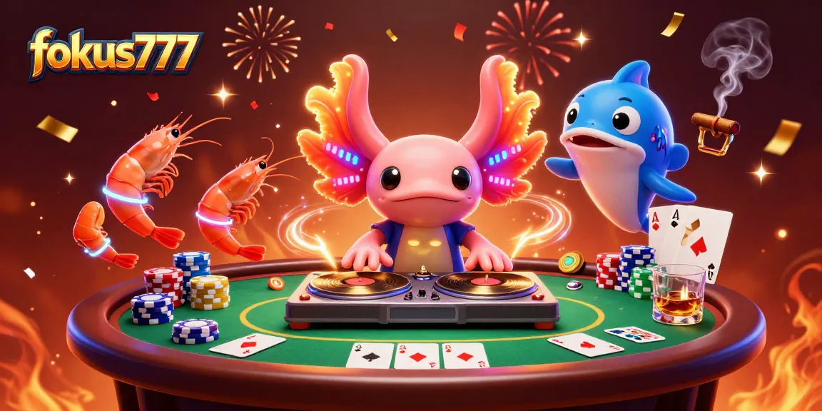 Win big with fokus777 at this vibrant casino scene showcasing fun characters and poker action.