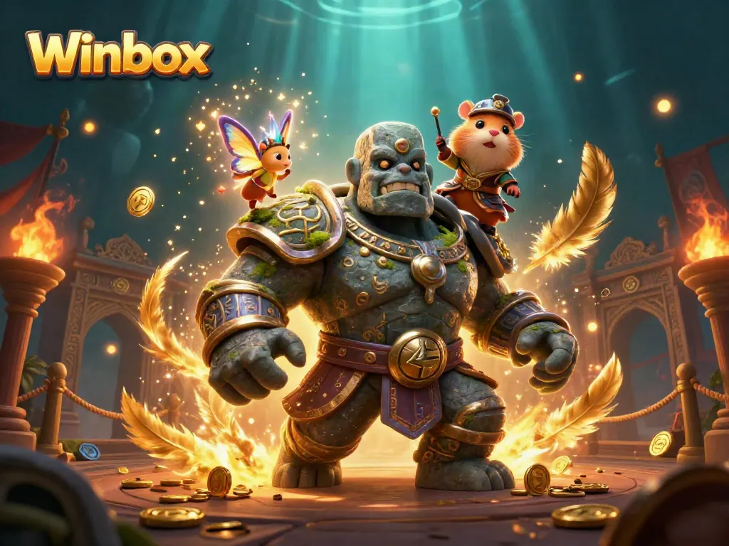 Winbox engaging scene featuring a magical golem guardian, a fairy, and a hamster knight in a vibrant, casino-themed setting.